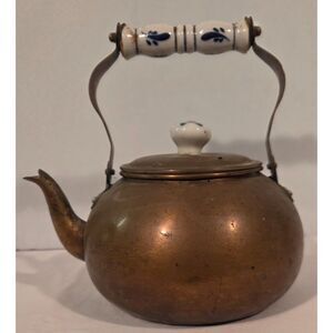 Vintage Copper Tea Kettle Porcelain Handle Lid Rustic Farmhouse Decor